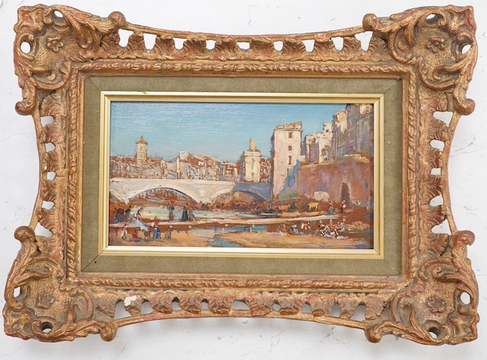 Arthur Trevor Haddon (1864-1941), oil on board, View of Gerona, 11.5 x 21cm. Condition - good, some minor losses to frame